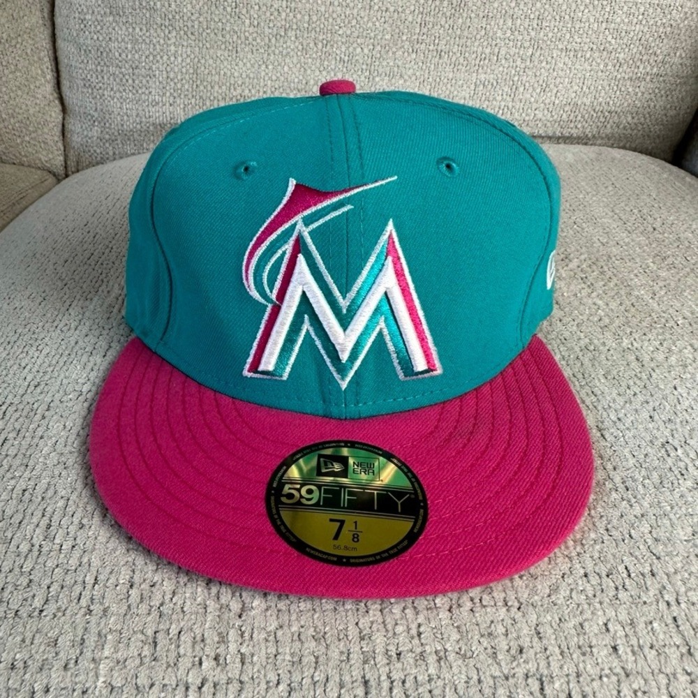 New Era 59FIFTY Miami Marlins Fitted Hat 7 1/8 Teal Pink South Beach MLB Cap